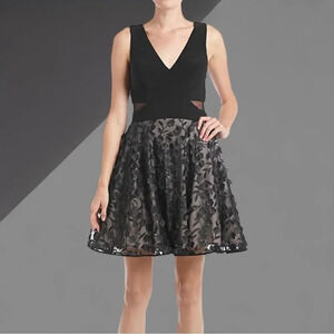 NWT Xscape Black V-Neck Mesh Side Cutout 3D Flower Midi Dress size 12